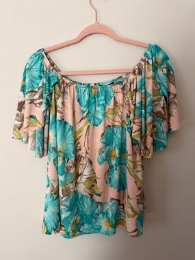 Turquoise Floral Off-Shoulder Blouse with Flutter Sleeves
